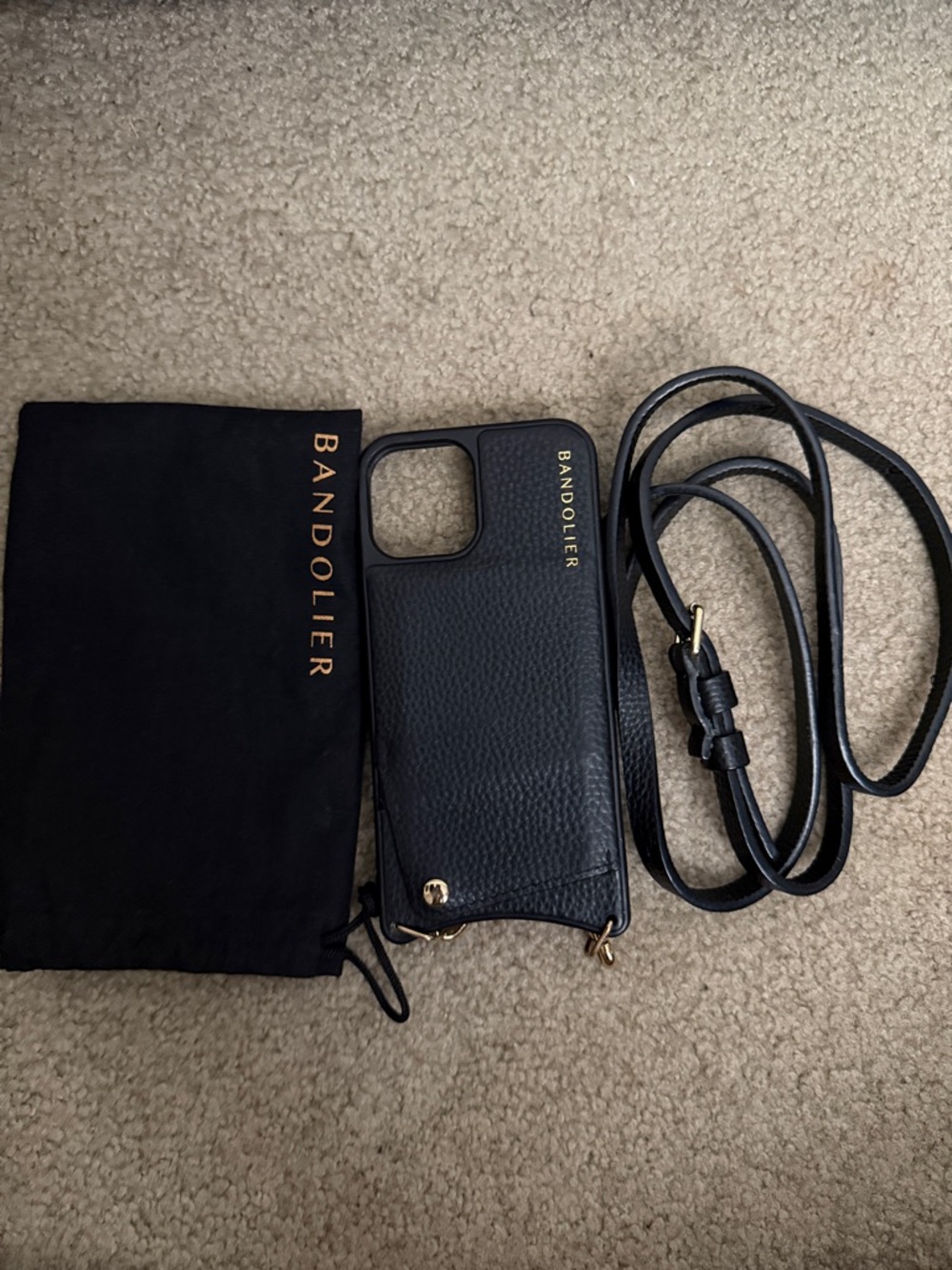 Bandolier Black Pebbled Leather Crossbody Phone Case with Gold Accents
